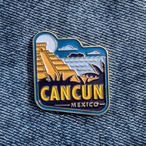 Cancun Mexico Souvenir Badge - Mayan Pyramid & Beach Design Travel Keepsake Patch cancun-mexico-souvenir-badge