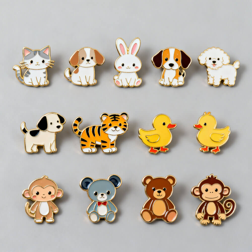 Many dog-shaped badges were arranged in three rows Many animal-shaped badges were arranged in three rows.